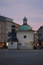 Dusk and Church on Krakow Main Market Square Poland